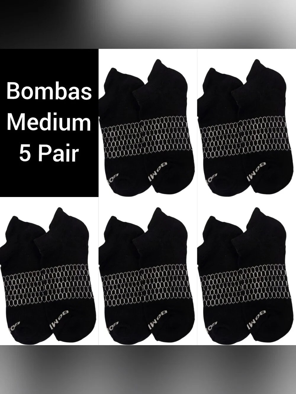 Bombas Medium Ankle Socks Black & White 5 Pair BNWT Unisex Honeycomb Arch Suppor
